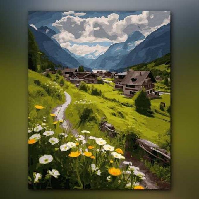 أدوات رسم لوحة قرية الألب