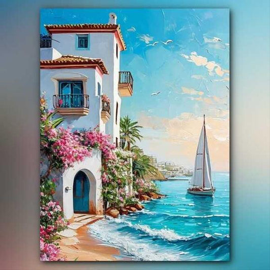 أدوات رسم لوحة بيت على طرف الموج