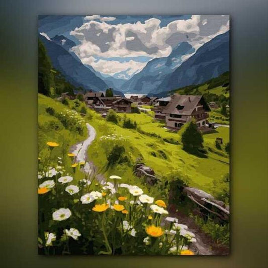 أدوات رسم لوحة قرية الألب