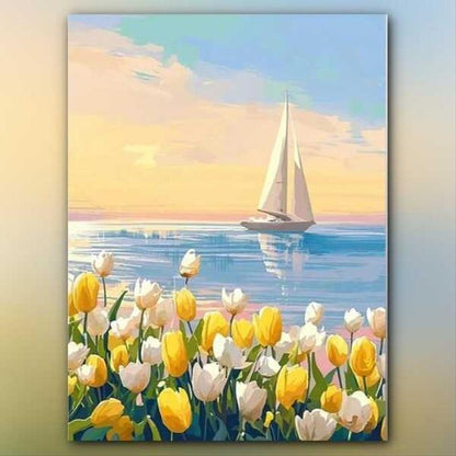أدوات رسم لوحة شراع على حضن الورد