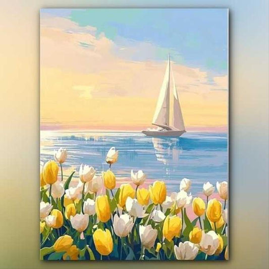 أدوات رسم لوحة شراع على حضن الورد