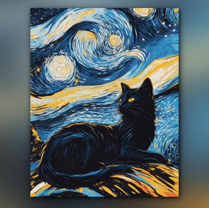 أدوات رسم لوحة قط ليلة النجوم